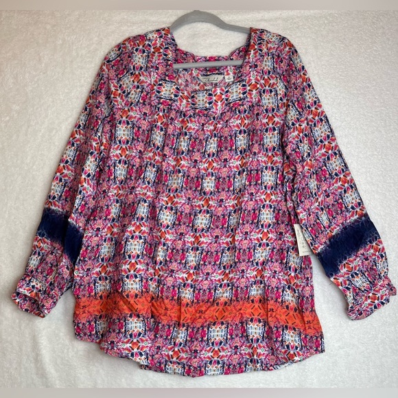 NWT Caffe marrakech long sleeved peasant boho blouse pink abstract floral 1X - Picture 1 of 7